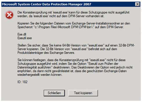 Fehlermeldung bei der Konfiguration des Schutzes von einem Microsoft Exchange Server 2003 Fehlermeldung bei der Konfiguration des Schutzes von einem Microsoft Exchange Server 2003