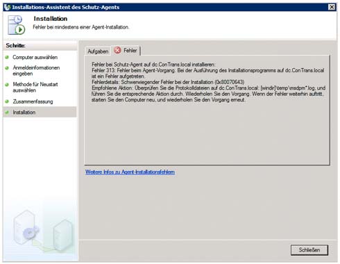 Fehlermeldung: DPM Agent Installation schlägt fehl