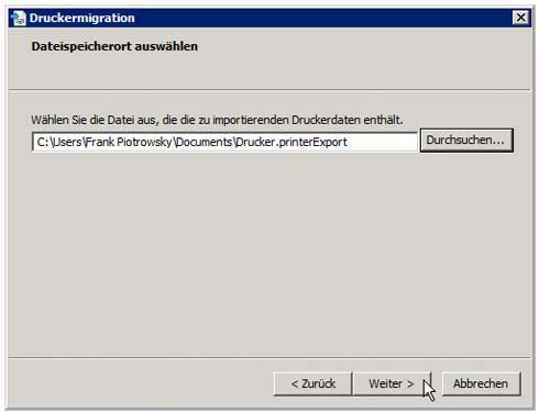 Druckverwaltung - Migration - Importdatei Speicherort wählen