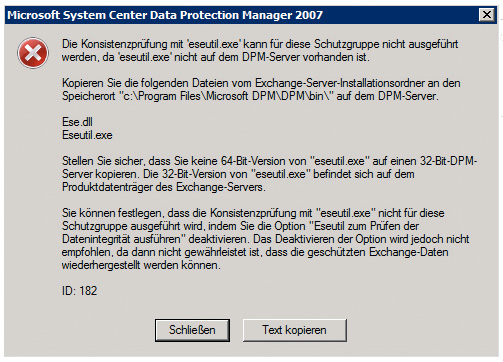 Fehlermeldung bei der Konfiguration des Schutzes von einem Microsoft Exchange Server 2003