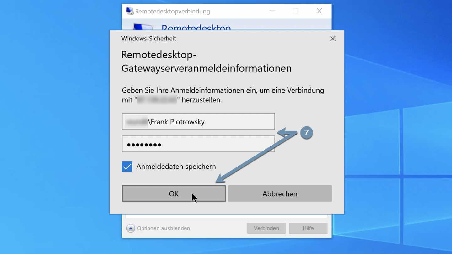 Remotedesktop Gateway Zugangsdaten eingeben